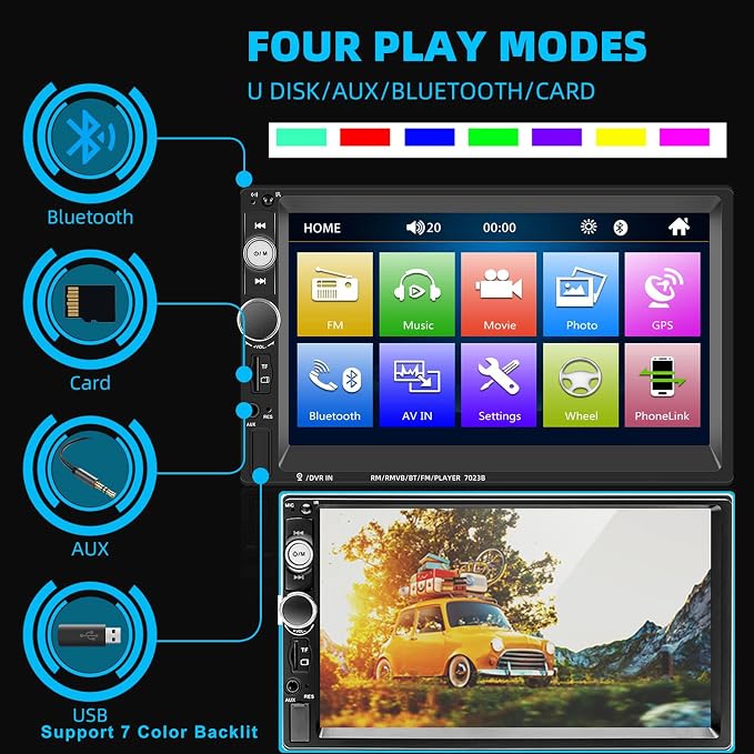 Double Din Car Stereo 7 Inch Touch Screen Car Audio Radio with Bluetooth Audio Hands-Free Calls Backup Camera FM Radio Receiver Car MP5 Player Support Mirror Link AUX-in USB TF Input