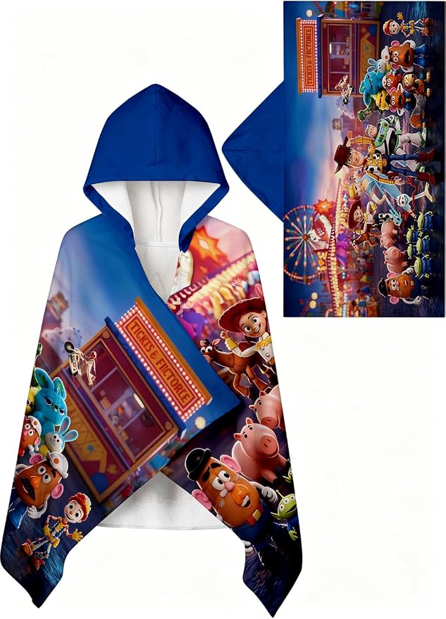 Story Printed Soft Cotton Terry Hooded Towel Wrap, Absorbent Wearable Hooded Towel for Bath Pool Beach, 28 in x 55 in