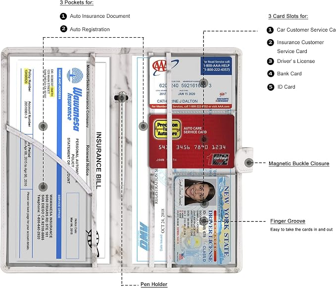 Car Registration and Insurance Card Holder, Vehicle License Document Glove Box Compartment Organizer, Interior Car Accessories for Women Men (Marble Grey)