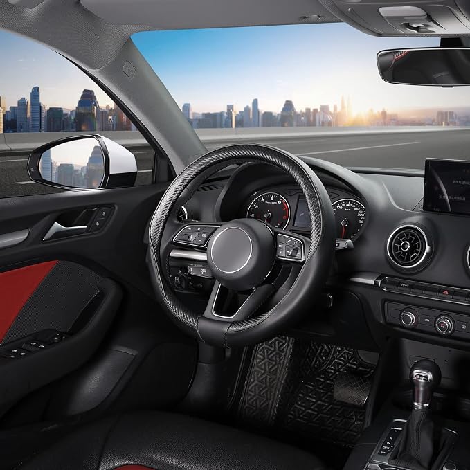 Car Steering Wheel Cover Small-Size for Prius Civic Model 3 Model Y Camaro Rogue with 14"-14 1/4" Outer Diameter Leather with Carbon Fiber Pattern Black