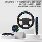 Colorful Star Moon Sun Steering Wheel Cover for Women, Anti-Slip Car Steering Wheel Cover with 2 Pcs Cup Holders Neoprene Breathable Car Accessories Universal 15 Inch Auto Interior Decor