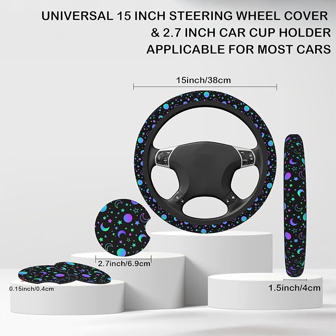 Colorful Star Moon Sun Steering Wheel Cover for Women, Anti-Slip Car Steering Wheel Cover with 2 Pcs Cup Holders Neoprene Breathable Car Accessories Universal 15 Inch Auto Interior Decor