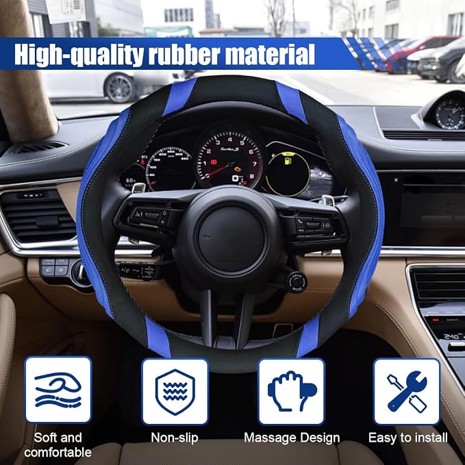 Car Steering Wheel Cover, 15 Inch Leather Anti-Slip Breathable Automotive Steering Wheel Protector, Universal Heat Resistant Vehicle Interior Accessories Cars, SUVs, Trucks(Blue)