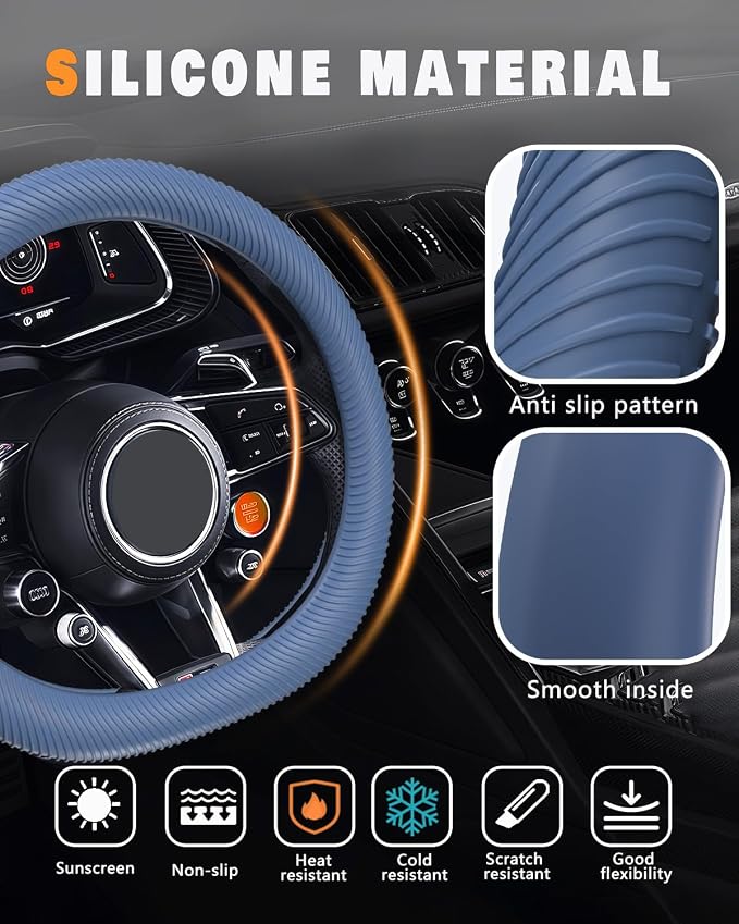 Car Steering Wheel Cover, Thin Anti-Skid Silicone Steering Wheel Cover for Men & Women, Universal Automotive Interior Accessories for Most Cars (Dark Blue)