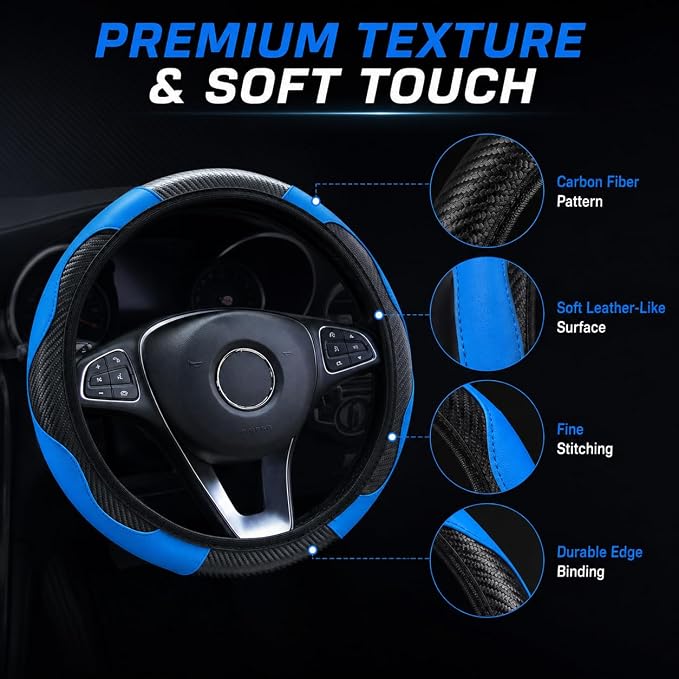 Car Steering Wheel Cover 15 inch, Microfiber PU Leather Elastic Steering Wheel Protector, Anti-Slip Breathable Car Interior Accessories for Most Cars (Blue)