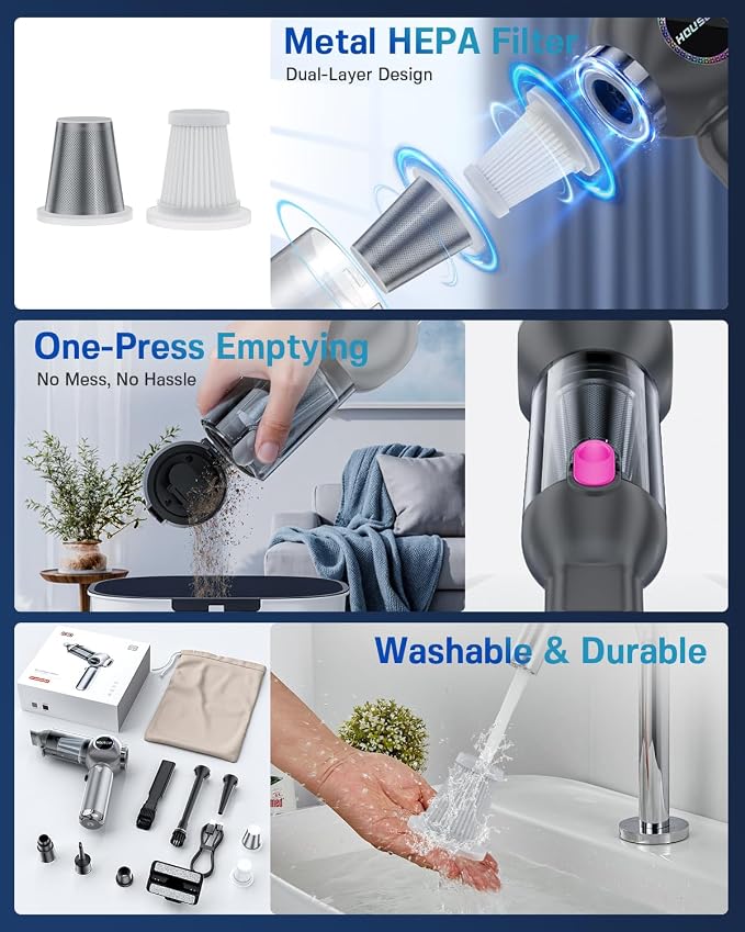 Handheld Car Vacuum Portable Cordless 25000Pa High Power Small Mini Hand Vacuum Rechargeable 4-in-1 Wireless Handheld Vac for Car Office Desktop Home Cleaning Ideal Gifts for Men & Women
