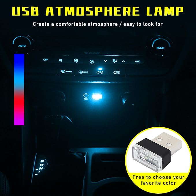 4 PCS USB LED Car Interior Atmosphere Lamp, Plug-in USB Decor Night Light, Portable Auto Ambient Lighting Kit, Universal Vehicle Interior Accessories for Most Cars (Blue+Ice Blue+Red+Purple)