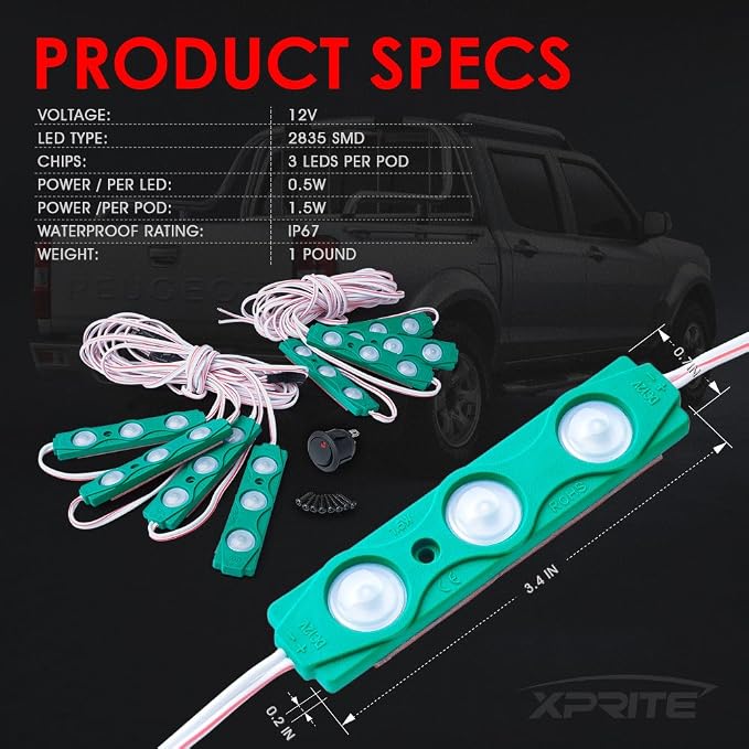 Green LED Truck Bed Light Kits with On/Off Switch, for Pickup Exterior Interior Lights Strips, Footwells, Running Boards, Cargo, Under Car, Tonneau Cover, Rail Rock Lighting - 8 PCs