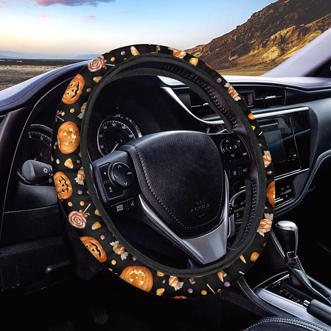 Car Steering Wheel Cover Universal 15 Inch Anti-Slip Neoprene Auto Steering Wheel Protector Halloween Car Accessories Decor for Women Men, Pumpkin Candy