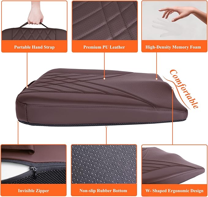 Premium Car Seat Cushion, Memory Foam Driver Seat Cushion to Improve Driving View- Coccyx & Lower Back Pain Relief - Seat Cushion for Car, Truck, Office Chair (Leather Brown)