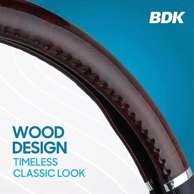 Dark Wood Grain Car Steering Wheel Cover, Standard 15 inch with Black Faux Leather Grip, Made to Fit Most Auto Truck Van SUV
