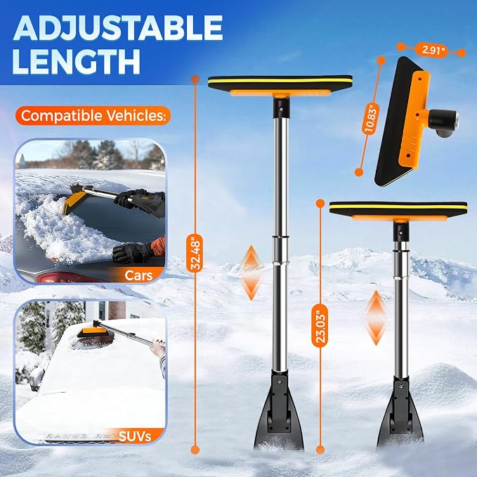 Telescoping 2-in-1 Snow Broom & Ice Scraper for Windshield, 32.5 in No-Scratch Snow Brush with Foam Head, Snow Remover Tool for SUV/Truck, Windows, Roof