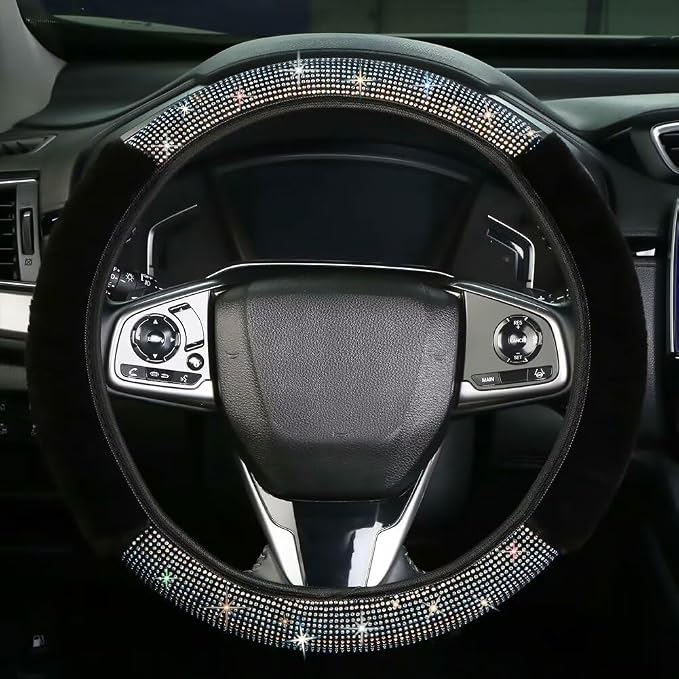 Bling Fluffy Steering Wheel Cover for Women Girls, Rhinestone Diamond Sparkling Fur Steering Wheel Protector Elastic Steering Wheel Covers Winter Warm Universal Fit 14-15 inches -Black | Colorful Diamond Elastic Car Steering Wheel Accessories Sparkling...