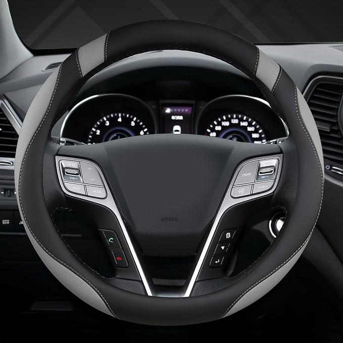 Customized Auto Car Steering Wheel Cover for Hyundai,Tucson,Sonata,Elantra,Santa Fe,Genesis,Sonata Hybrid,Azera,Venue,Kona, 14.5-15 inches(Black+Gray - Standard Size)