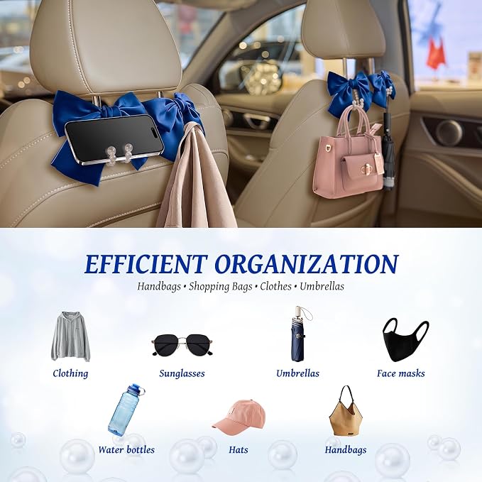 2 PCS Bow Pearl Car Seat Headrest Hook – Cute Purse Hook for Car, Girly Interior Decoration Accessories Hook Hanger, Seatback Holder for Purses & Bags, Elegant Car Organizer (Deep Blue)