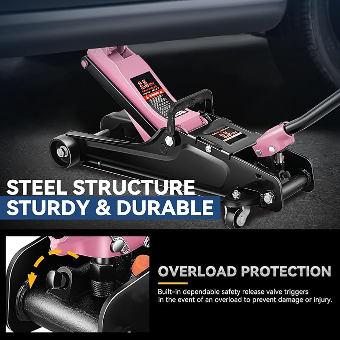 2.5 Ton Low Profile Floor Jack, Heavy Duty Steel Hydraulic Car Jack with Single Pistons Quick Lift Pump, Hydraulic Racing Floor Jack, Lifting Range 3.35" to 15", Pink