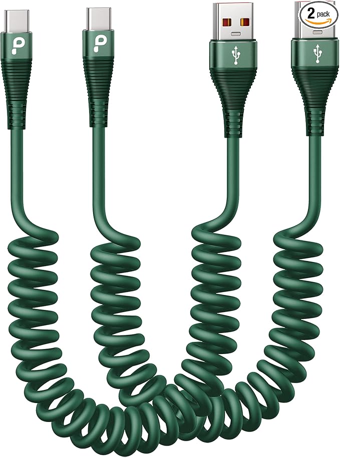 USB C Cable Fast Charging 60W 5FT, 2Pack Coiled USB A to USB C Cable for Car, iPhone USB C Cable USB to Type C Charging for iPhone 17/16/15 Pro Max/Samsung Galaxy S20 S10 and More USB C Devices-Green