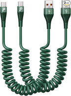 USB C Cable Fast Charging 60W 5FT, 2Pack Coiled USB A to USB C Cable for Car, iPhone USB C Cable USB to Type C Charging for iPhone 17/16/15 Pro Max/Samsung Galaxy S20 S10 and More USB C Devices-Green