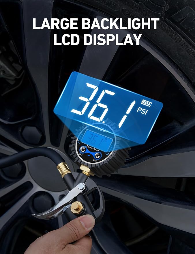 Digital Tire Pressure Gauge with Inflator, 3-250PSI Air Compressor Accessories with Heavy Duty Air Chuck Quick Connect Coupler, Fits 1/4" NPT – for Car Truck SUV RV, 1 Pack Compact