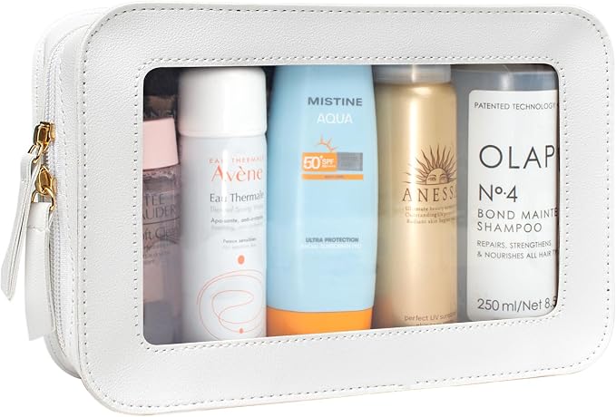 Clear Toiletry Bag,Portable Travel Makeup Pouch with Zipper, TSA Approved Organizer Sunscreen Bag Clear Makeup Toiletry Pouch Beach Vacation Essentials for Women Teen Girls (White)