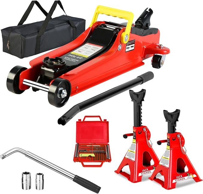 5 Piece Car Truck Floor Jack Service, Hydraulic Trolley Floor Jack & Jack Stands & Tire Repair Kit & L-Wrench for Garage, Repair Shop, DIY, Lift Range 3.3"-15.2", 2 Ton/4000 LBS Capacity, Red