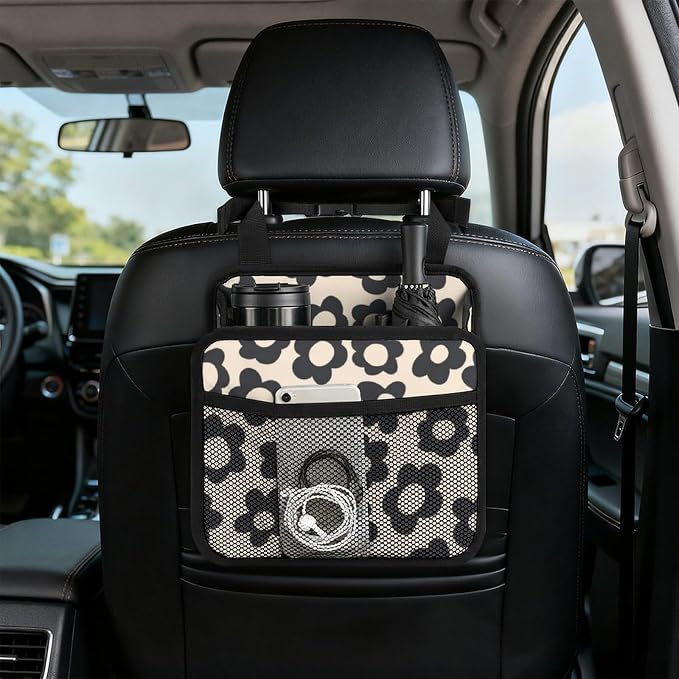 Car Backseat Organizer - Cute Aesthetic Car Storage Bin with Mesh Pocket & Reinforced Base - Universal Fit Hanging Seat Back Accessories for Women (Black)