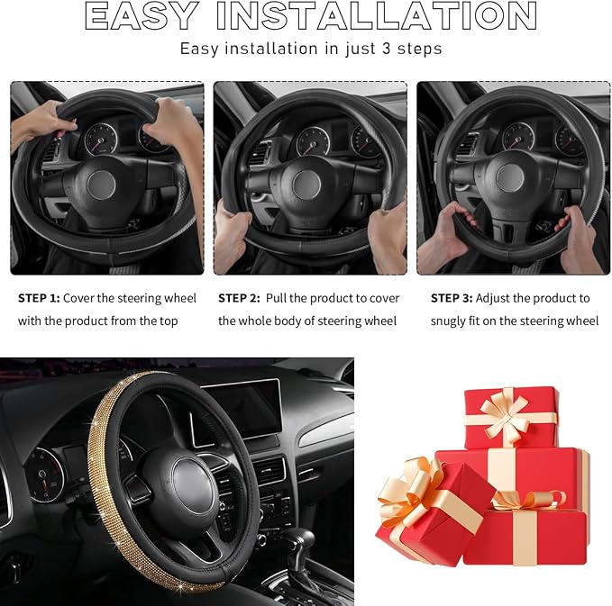 Steering Wheel Cover, Bling Crystal Rhinestones Auto Wheel Protector, Sparkly Cover Universal Fit Diverse 14.5-15 inch Steering Wheel, Interior Decor Car Accessories (Golden)