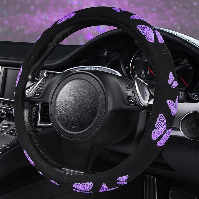 Purple Butterfly Steering Wheel Covers, 14.5" to 15.5" Car Wheel Cover Universal Fit for Suvs, Small Trucks, Sedans, Cars for Cute Women Girly (Black and Purple)