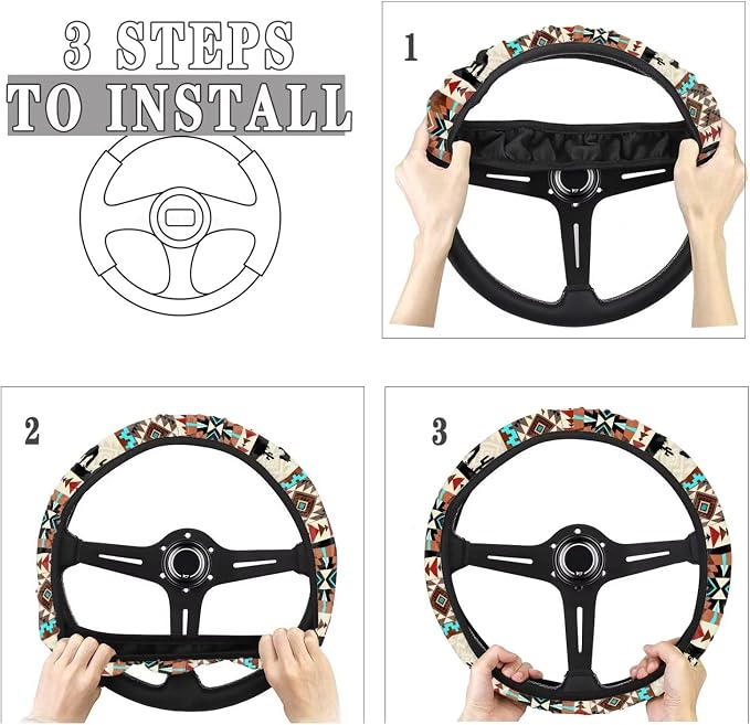 Car Steering Wheel Cover, 15 Inch Soft Breathable Steering Wheel Protector for Women Men, Universal Fit for SUV Sedan Van Truck, Aztec Horse Cowboy Cactus