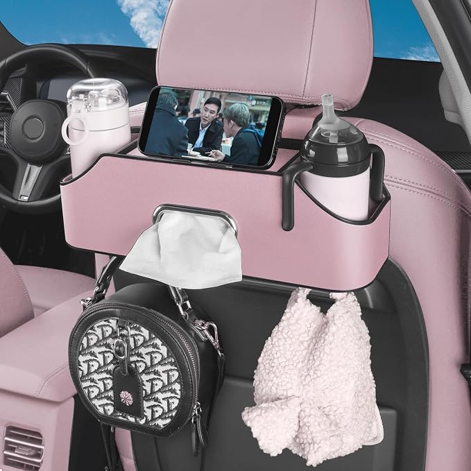 Car Back Seat Organizer with 2 Drink Cup Holder - Tissue Box and Storage Box Hook - Multi-functional Storage - Great for Kids and Travel (Pink)