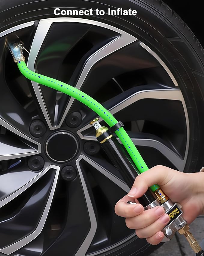 Tire Inflator with Gauge-10-120PSI, 3-in-1 Inflate, Deflate & Measure, Dual-Head & Lock-On Chuck, Tire Pressure Gauge with Rubber Hose, Compatible with 1/4" NPT Air Compressor