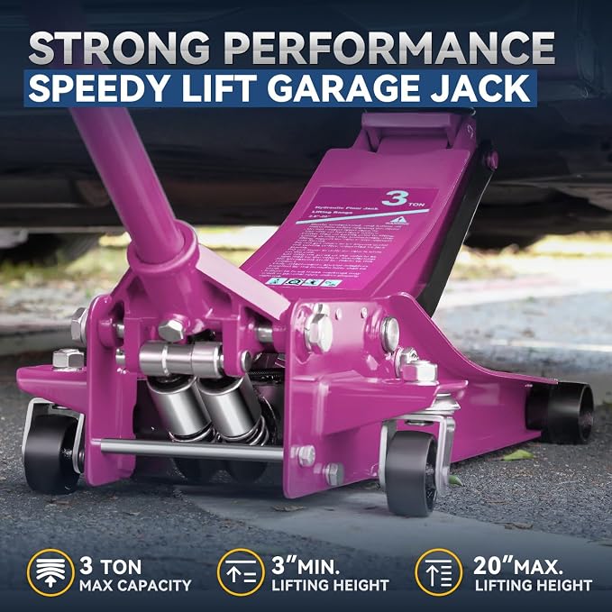 3 Ton Low Profile Floor Jack, Heavy Duty Steel Hydraulic Car Jack with Dual Pistons Quick Lift Pump, Hydraulic Racing Floor Jack, Lifting Range 3" to 20", Purple