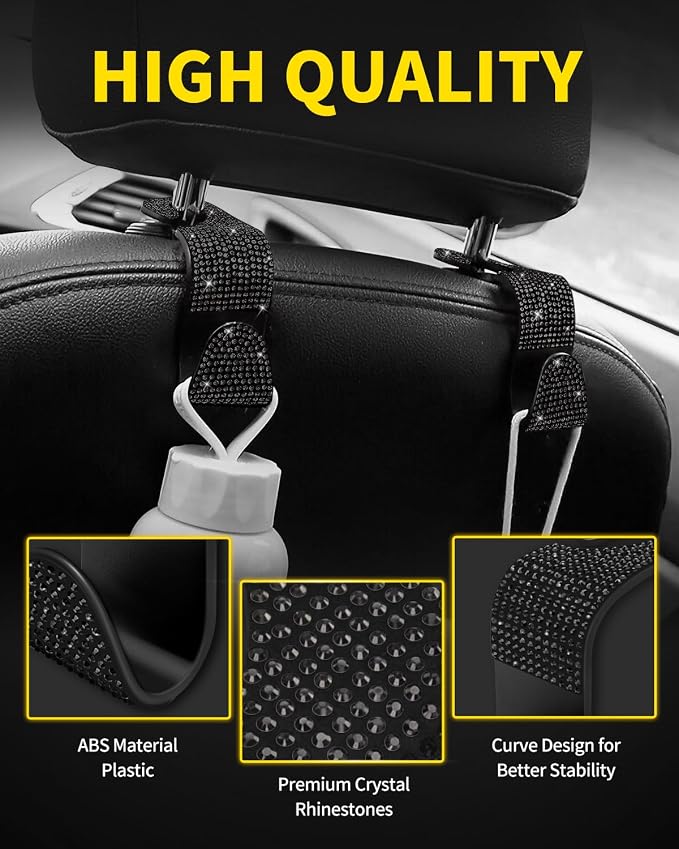4 Pack Blink Diamond Car Seat Headrest Hooks Crystal Rhinestone Car Purse Holder Universal Interior Accessories for Handbags, Water Bottles, Coats, Umbrellas, Black