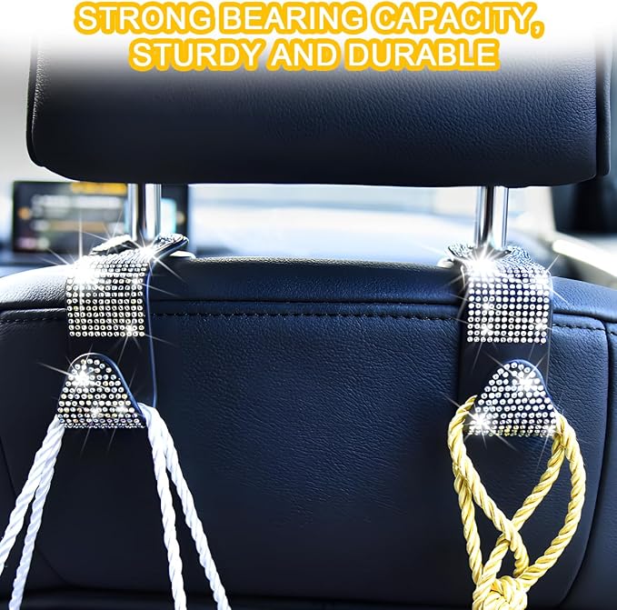 Mandark 4PCS Bling Car Seat Headrest Hooks, Crystal Rhinestone Vehicle Seat Back Hanger for Grocery Purses Handbags, Diamond Auto Seatback Storage Organizer Hanger, Universal for Most Cars (Red)