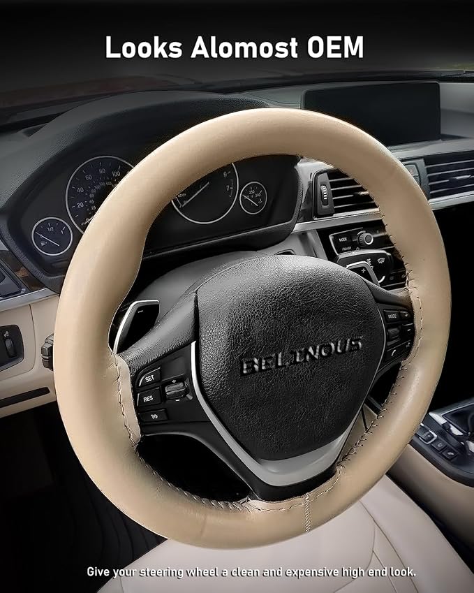 Leather Steering Wheel Cover Lace Up, Stitch on Steering Wheel Wrap, Universal Fit 13-20 Inch Car Truck Pickup Boat, A Whole Piece of Cowhide, DIY w/Needle Thread (Size M6, Light Beige)