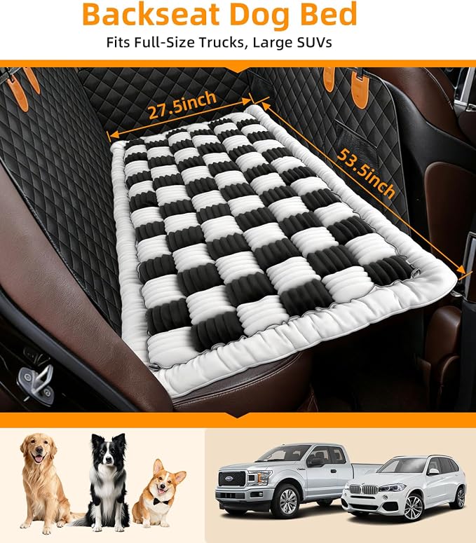 Backseat Pet Bed Mat, Non-Slip Dog Seat Cover with Scratch-Resistant Padding, Dog Bed for Cars, Trucks & SUVs, Universal Fit for Backseat Extenders (Black)