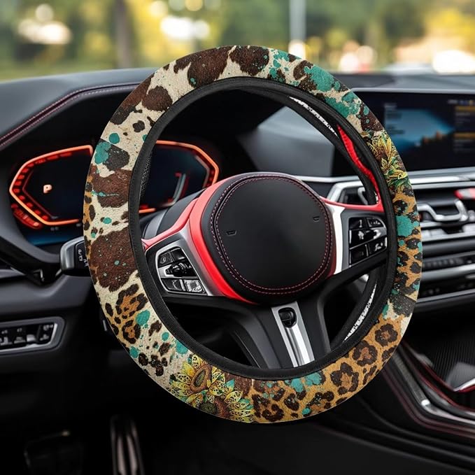 Universal Steering Wheel Cover with Elastic Edge for Women 14-15 in | Leopard Print Sunflower, Breathable Steering Wheel Protector for Cars Interior Accessories