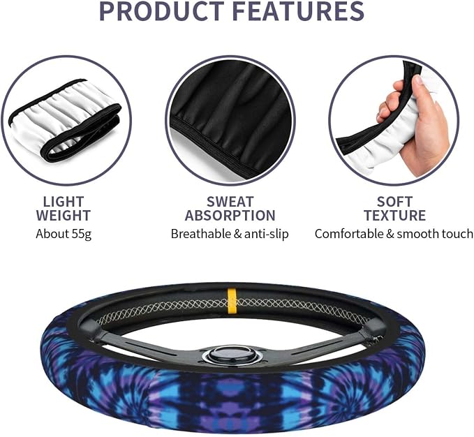 Tie Dye Blue Purple Steering Wheel Cover Car Accessories Cute for Women Girls Girly Universal 15 Inch Neoprene Auto Interior Decor Anti Slip Car Truck Protector