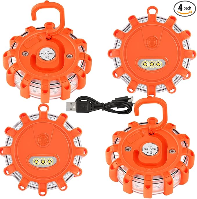 USB-C Rechargeable LED Road Flares Roadside Emergency Light, Safety Warning Flashing Flare Beacon Disc Strobe Traffic with Magnetic Base for Construction Vehicles Truck Boat(Amber,4 Pack)