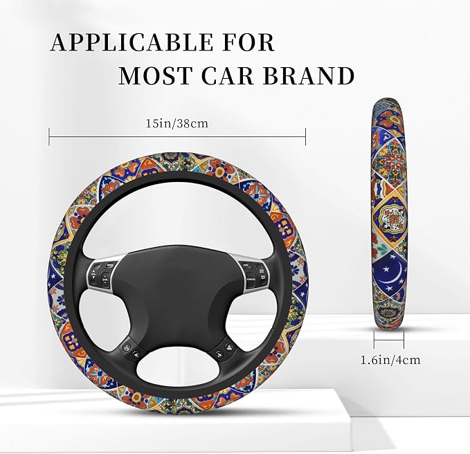 Mexican Talavera Tiles Style Steering Wheel Cover Auto Steering Wheel Protector Anti-Slip Breathable and Sweat Absorption Universal Car Accessories15 Inch Fit Auto Sedan Vans Trucks SUV