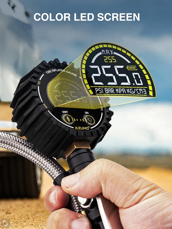 Digital Tire Inflator Gauge 255 PSI, Heavy Duty Tire Pressure Gauge with Air Chuck, Steel Braided Hose, Quick Connect Coupler & Case for Truck RV Trailer