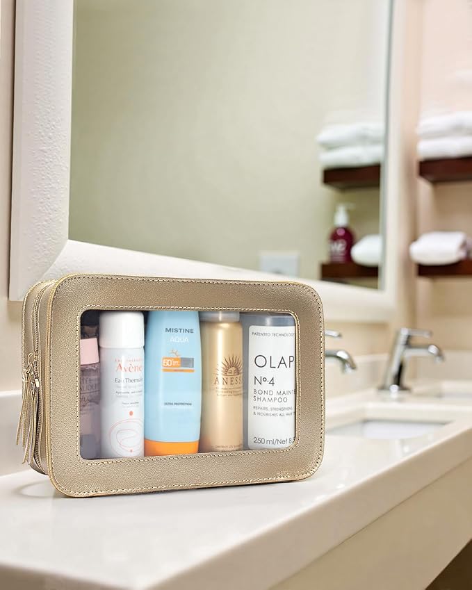 Clear Makeup Bags,TSA Approved Toiletry Bag with Zipper,Sunscreen Bag Clear Makeup Toiletry Pouch Beach Vacation Essentials for Women Teen Girls Gifts(Golden)