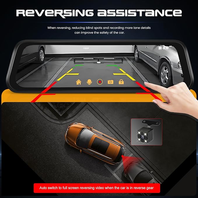 9.66 Inch IPS Mirror Dash Cam 1080P Front 480P Rear Dual Lens Touch Screen Dash Cam Front and Rear 150° Wide Angle Night Vision Loop Recording Reverse Assistance Motion Detection