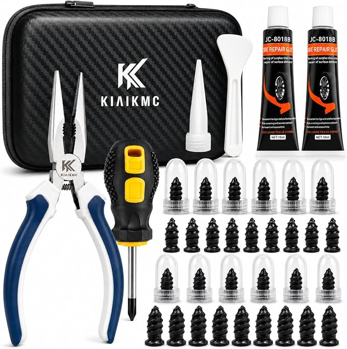 Tire Repair Screws Kit, Screw in Tire Plugs for Emergency Puncture Repair, Rubber Nail Screw in Tire Plug Kit with Pliers, Screwdriver & Rubber Cement for Tubeless Tires