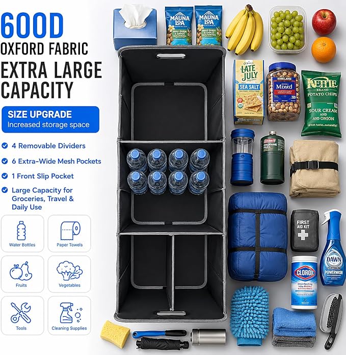 XL Car Trunk Organizer, 4 Compartments, 94L Capacity, Oxford Polyester 600D Material, Easy Fold and Store, Prevents Sliding | Rugged & waterproof large storage box. Features 94L capacity, 6 large mesh pockets & non-slip base for SUV, garage, camping
