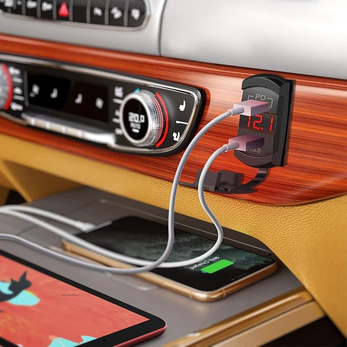 Rocker Switch Style USB Outlet LED Voltmeter Quick connector 12V PD Type C and USB QC 3.0 Cars Replacement with Inline Fuse for Switches Panel on Boats RV Truck Car