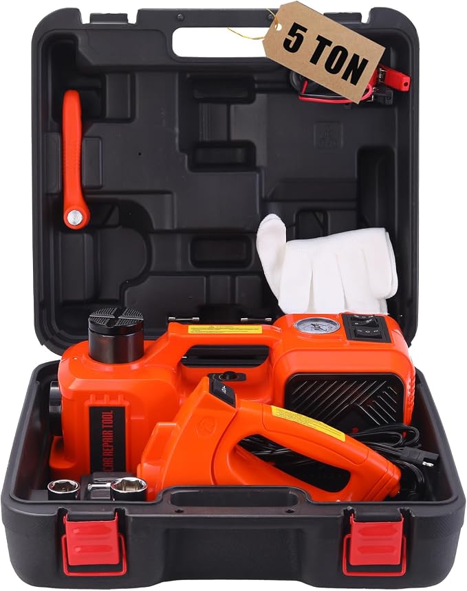 Electric Hydraulic Car Jack Kit with Impact Wrench and Tire Inflator Pump, 5 Ton 12V Hydraulic Jack for SUV Sedans Tire Change with LED Light