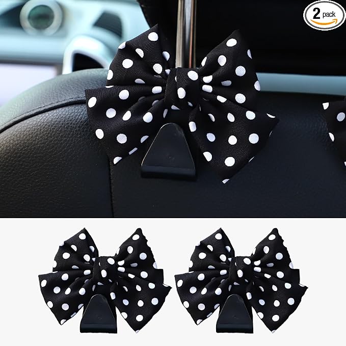 2PCS Car Seat Hooks, Cute Bow Car Seat Headrest Hooks for Purses, Bags, Umbrella, Universal Automotive Interior Decoration Accessoriesl for Vehicle, SUV, Sedan, Truck (Black Spot)