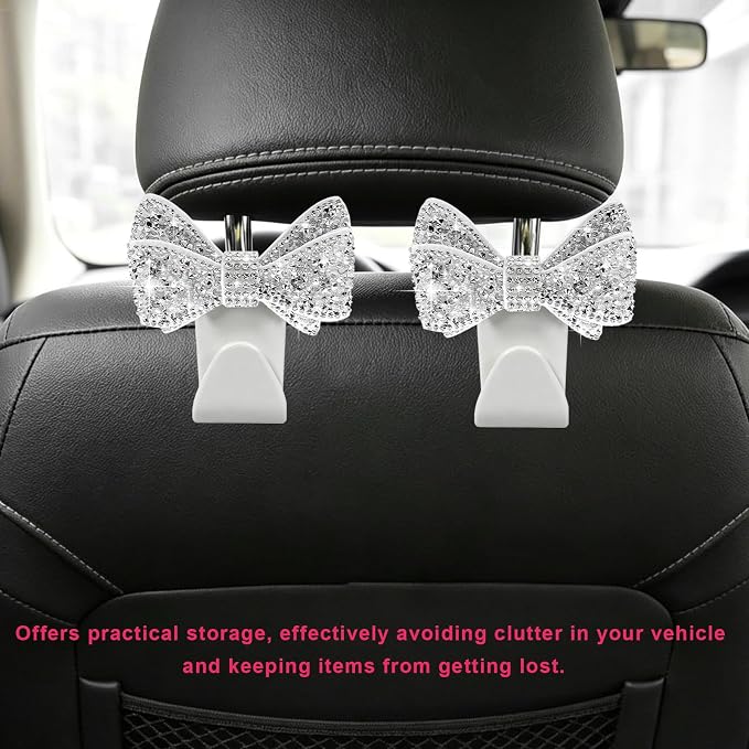 2PCS Bling Bow Car Seat Headrest Hooks, S-Type Crystal Auto Rear Seat Organizer for Handbags Purses Groceries, Cute Rhinestone Bow Seats Back Storage Hook for SUV Truck Sedan (White)