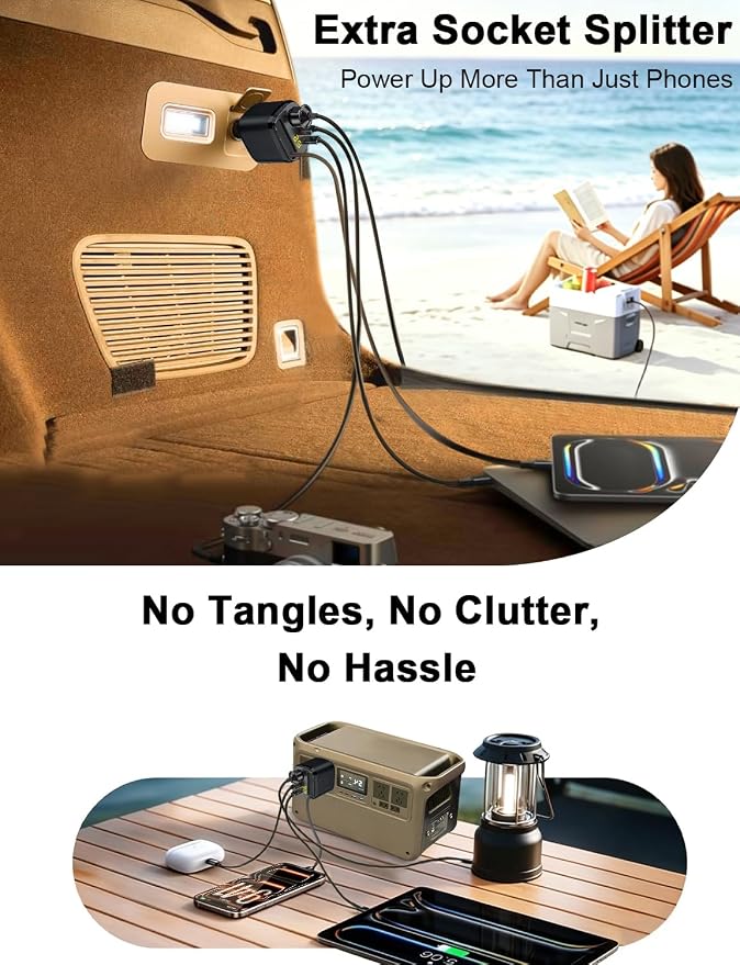 215W Retractable USB-C Car Charger, [PD 65W Laptop Fast Charging] 4 in 1 Cigarette Lighter Adapter, Socket Splitter with Multi Port, 12V Car USB Charger Adapter for iPhone 17 Pro Max, MacBook, GPS